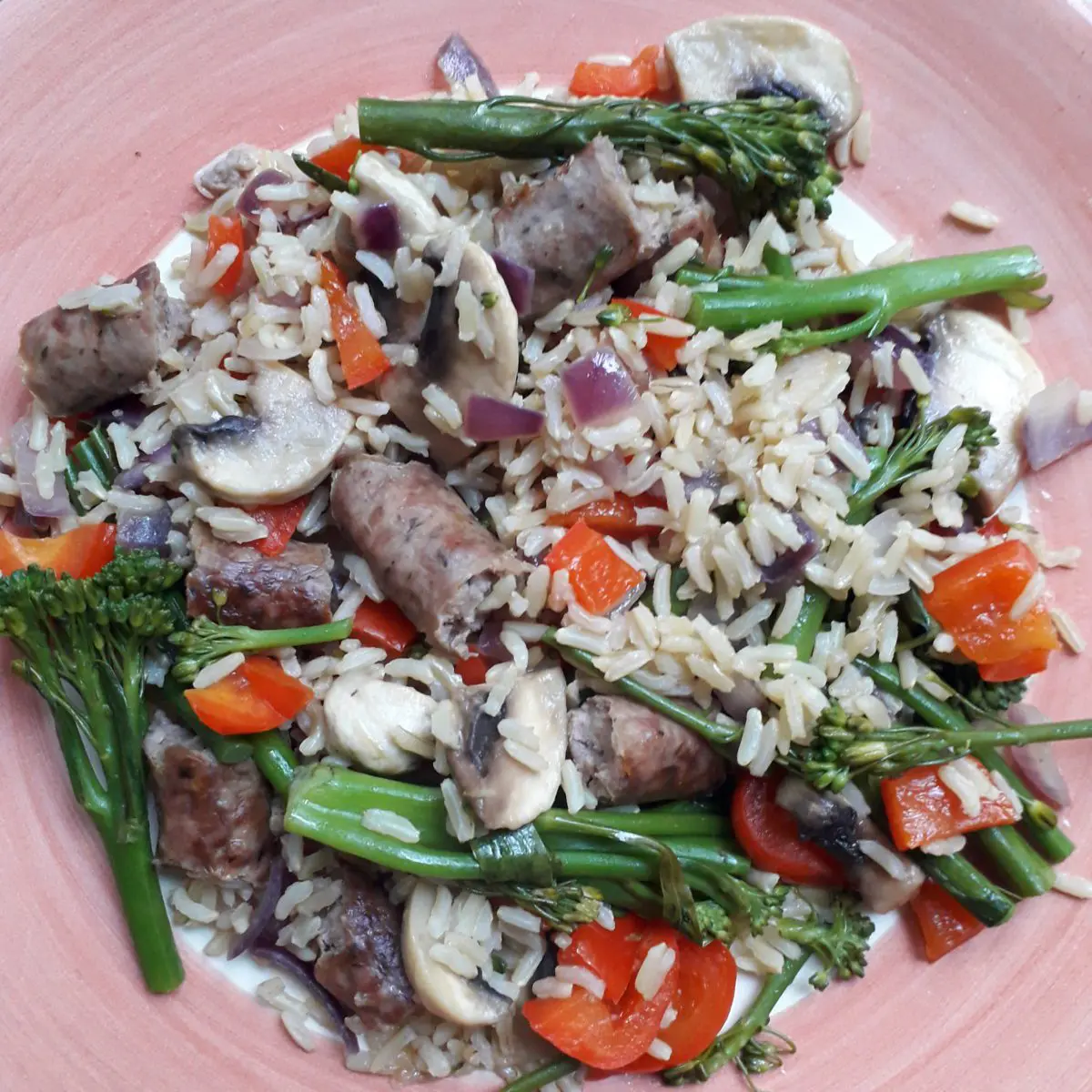 Plate of rice, sausage and vegetables